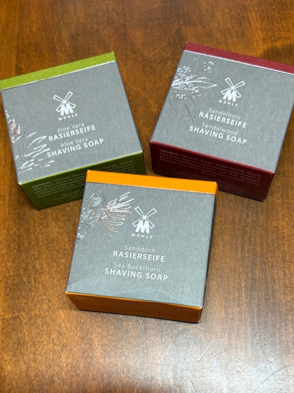 Shaving Soap Trio New in Boxes; Aloe Vera, Sandalwood, and Sea Buckthorn Scents
